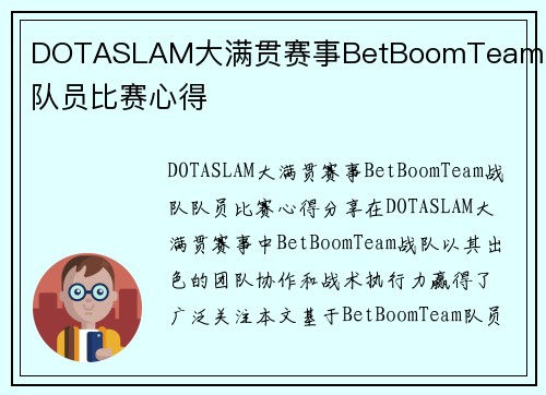 DOTASLAM大满贯赛事BetBoomTeam战队队员比赛心得