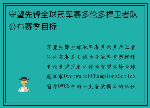 守望先锋全球冠军赛多伦多捍卫者队公布赛季目标